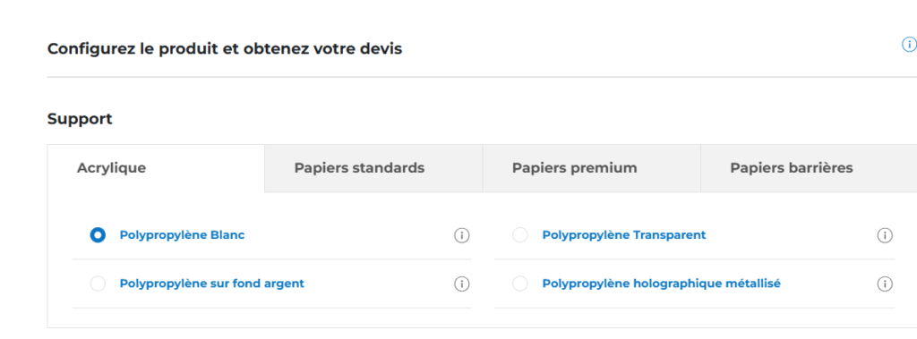 l'interface utilisateur de la page web consacrée à l'impression d'étiquettes sur le site web de Pixartprinting